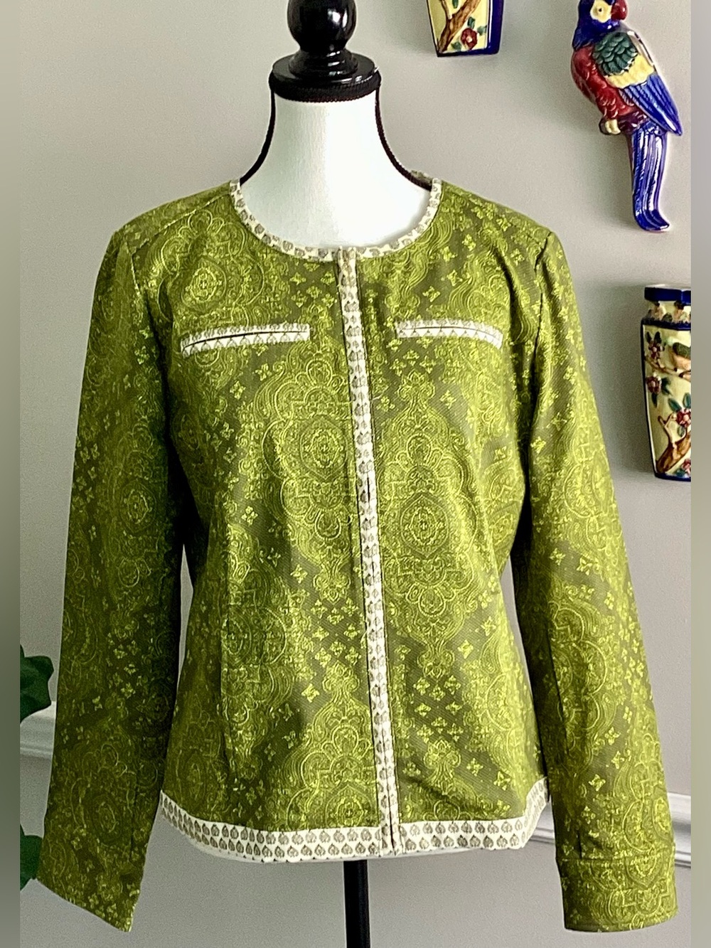Isaac Mizrahi Live Olive Green Paisley Zip Front Jacket Lace Trim Women's Size 1